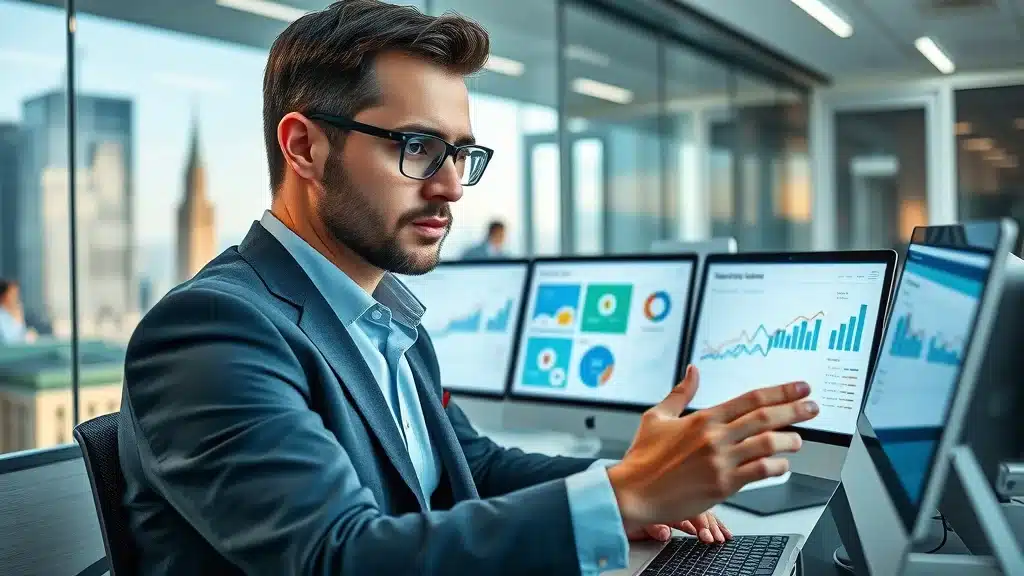 Digital marketer analyzing social media analytics and brand data on device screens in a modern corporate office