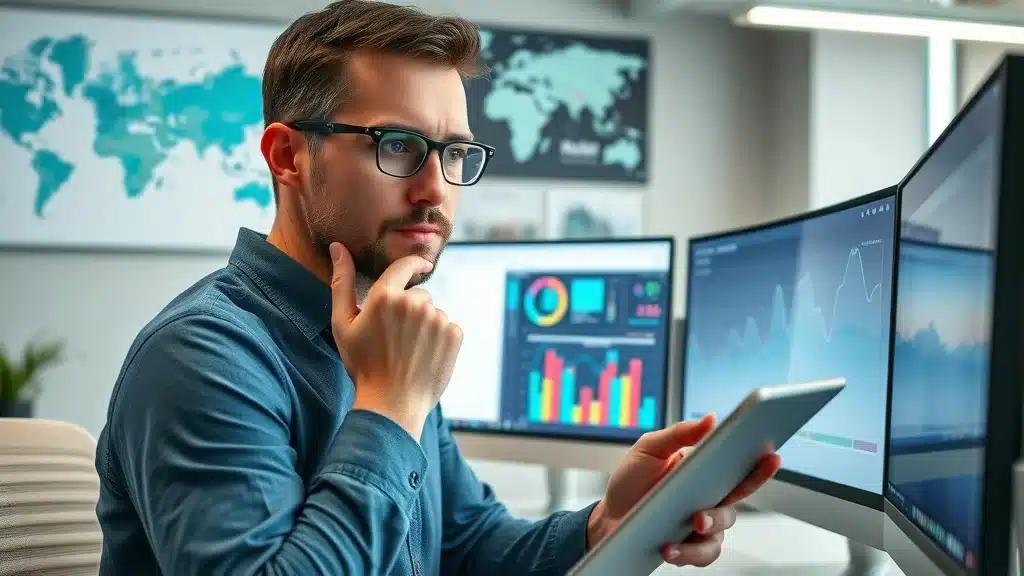 Marketer studying social media audience insights and analytics on digital screens in a modern tech office