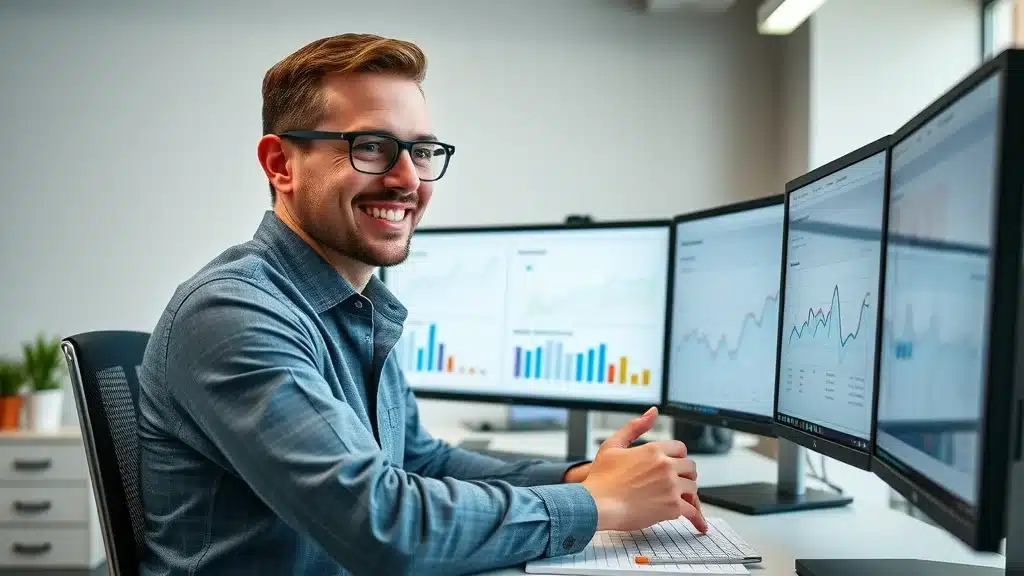 Efficient marketer tracking social media marketing metrics and analytics on desktop screens with colorful charts