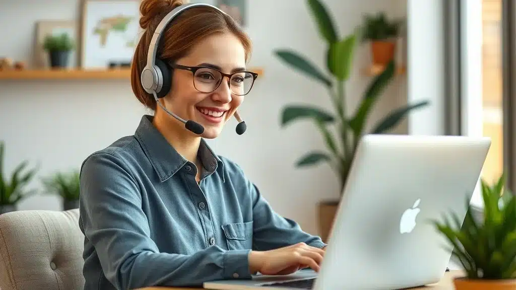Customer service representative providing support and engaging with community members using social media messaging in a comfortable workspace
