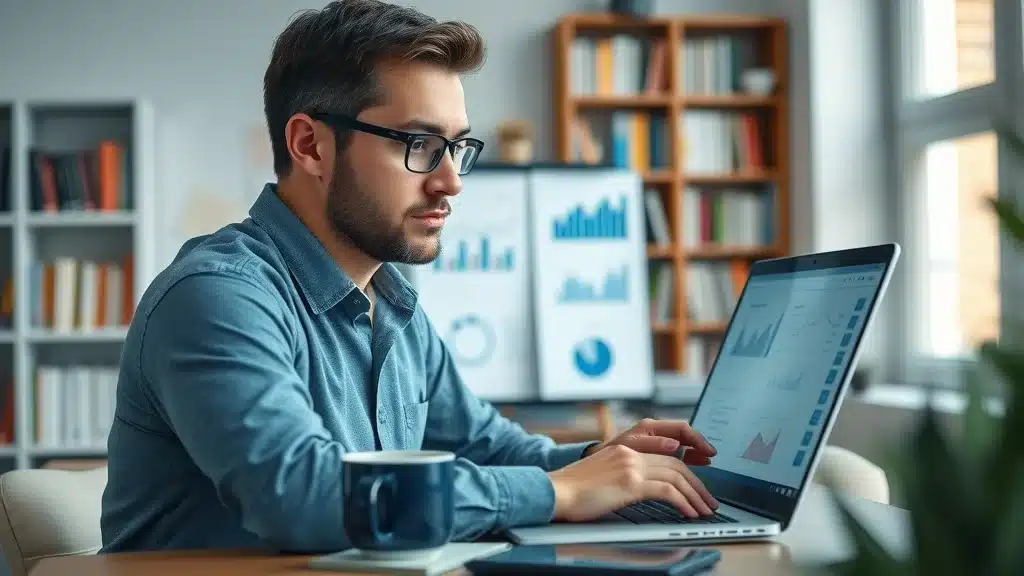 Professional marketer conducting in-depth market research online for target audience identification