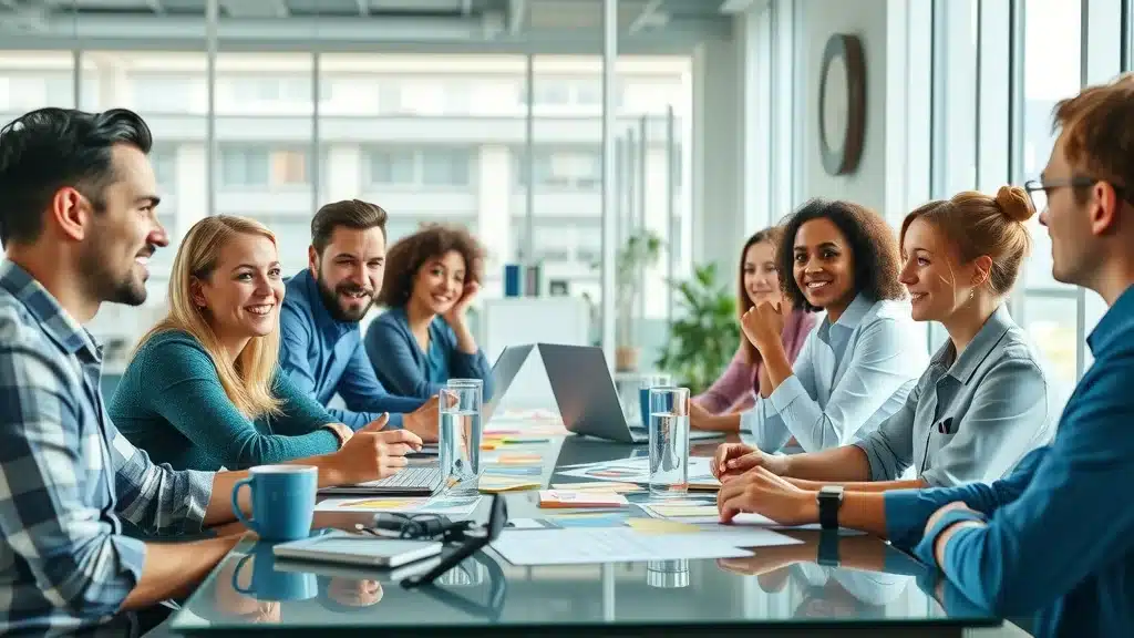 A diverse group of eight professionals sits around a conference table in a bright, modern office, engaged in a meeting and smiling. Laptops, papers, and glasses of water are on the table.