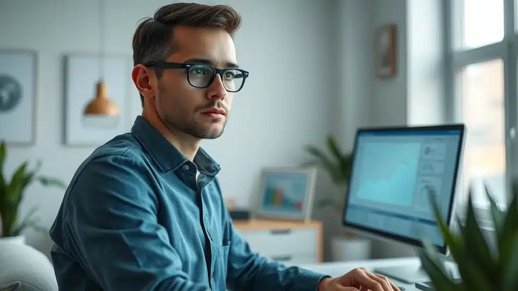 Modern digital marketer reviewing analytics on online marketing performance