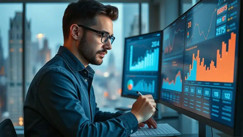 Focused digital marketer reviewing analytics dashboard—measuring performance for content marketing strategies in modern office