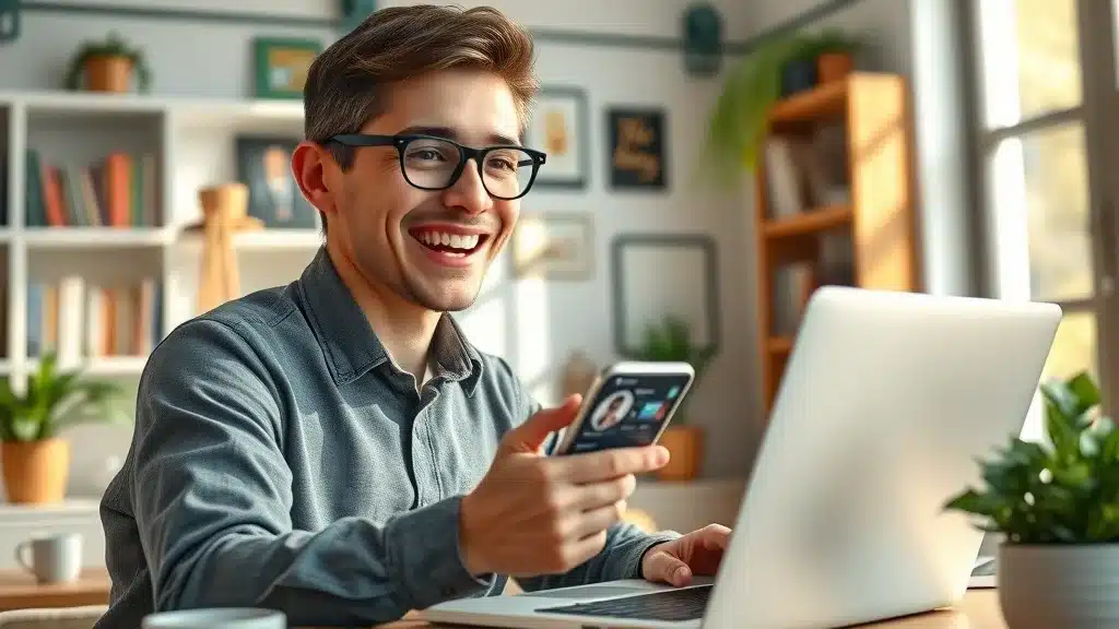 Young entrepreneur creating their first business social media profile at a bright home office