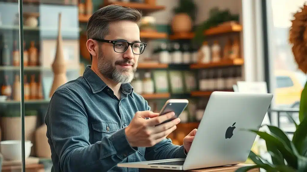 Small business owner using online marketing methods on their laptop in a shop