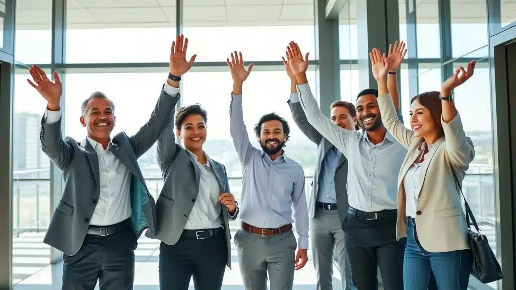 Business team celebrating success in target audience identification with a high-five