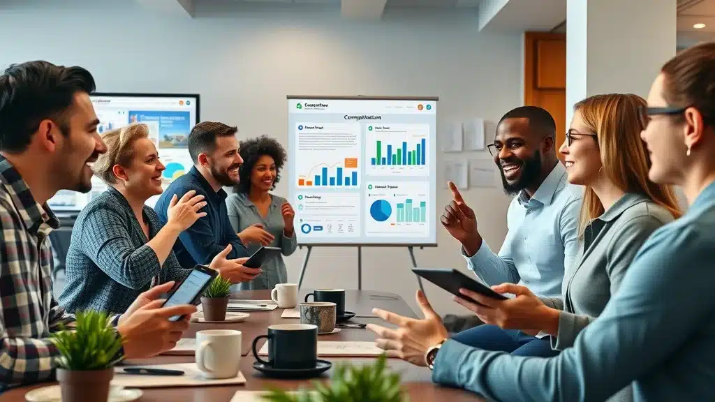 Creative marketing team analyzing competitor content—discussing ideas for content creation strategy in colorful, tech-driven space