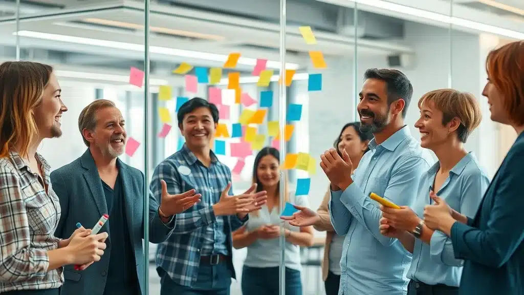 Energetic marketing team brainstorming content strategy—sticky notes and flowcharts in open, well-lit office