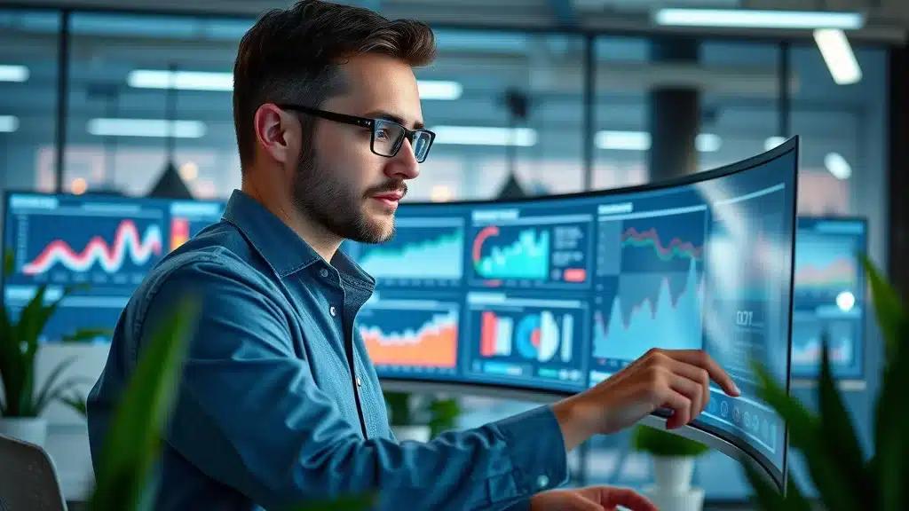 Modern data analyst optimizing online marketing methods through digital dashboards