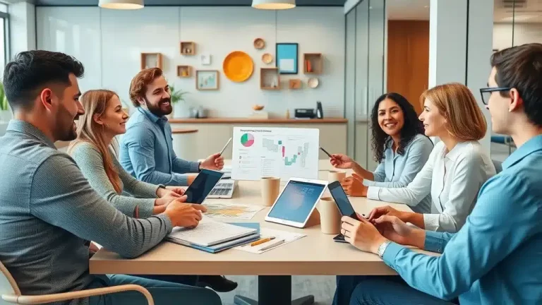 Six professionals sit around a conference table with laptops, tablets, and papers, engaged in a meeting. A presentation board with charts is displayed in the background, and everyone appears to be actively discussing.