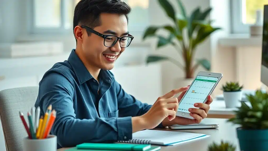 Modern content planner using tablet—focused content marketing strategy work, color-coded notebooks and plants, bright creative workspace