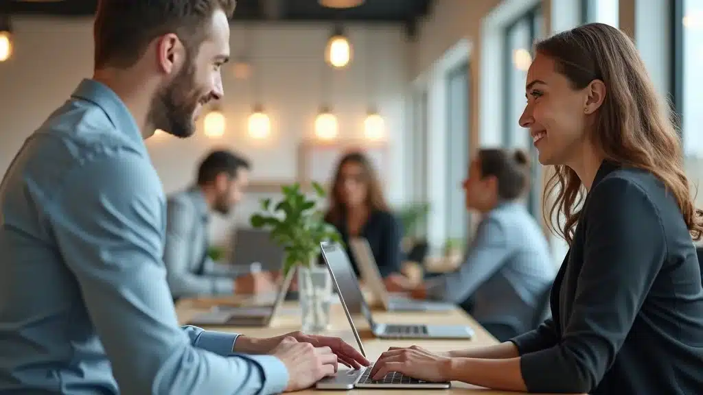 Two colleagues sit across from each other at a shared desk, smiling and working on laptops in a modern, well-lit office with other people collaborating in the background.