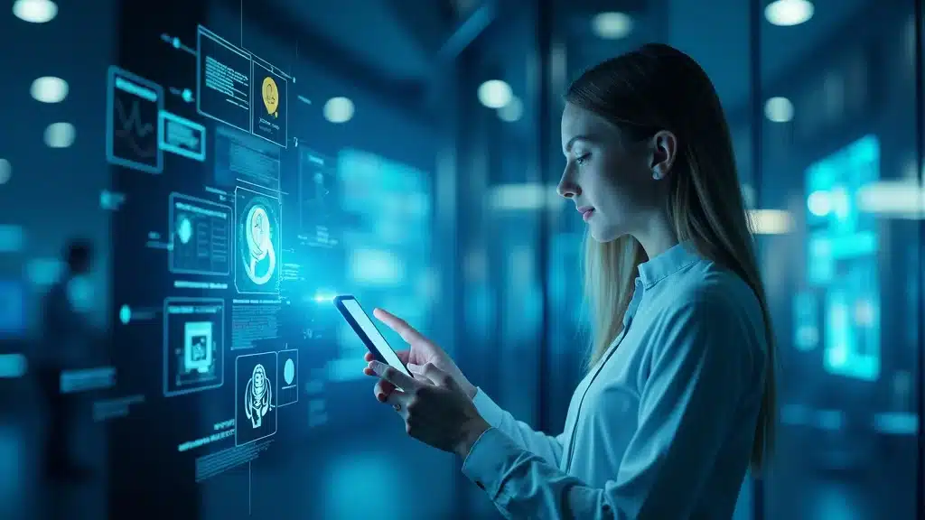 Futuristic AI voice technology interface featuring smart devices and speech bubbles in a high-tech workspace