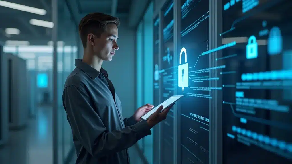 Secure digital workspace with AI virtual assistant protecting data, reviewing security alerts, photorealistic modern office with encryption icons