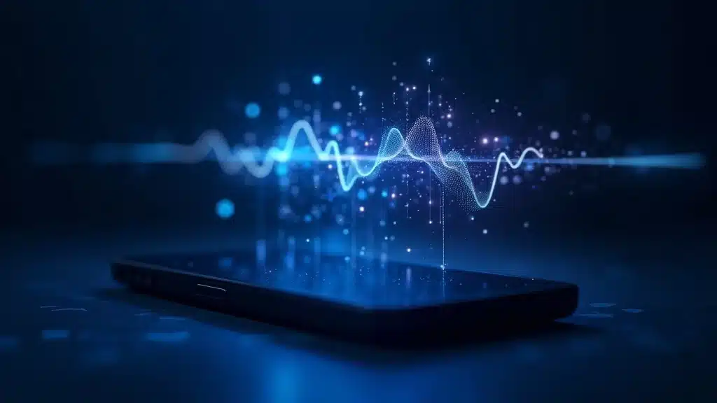 Close-up visualization of high-tech voice AI with waveforms and network nodes above a phone, highlighting speech recognition and AI voice agent technology