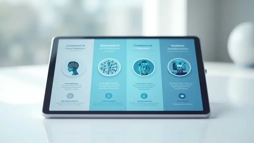 Comparison chart of conversational AI, generative AI, virtual agent, and traditional ai agent for small business