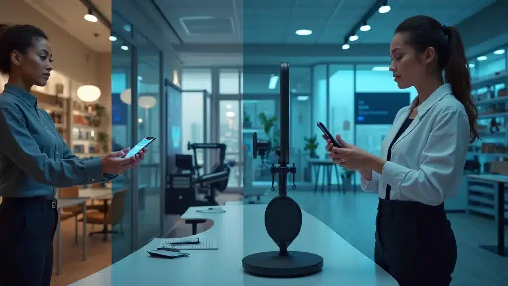 Comparison graphic showing different voice AI agent platforms used by small business teams in retail, office, and service sectors