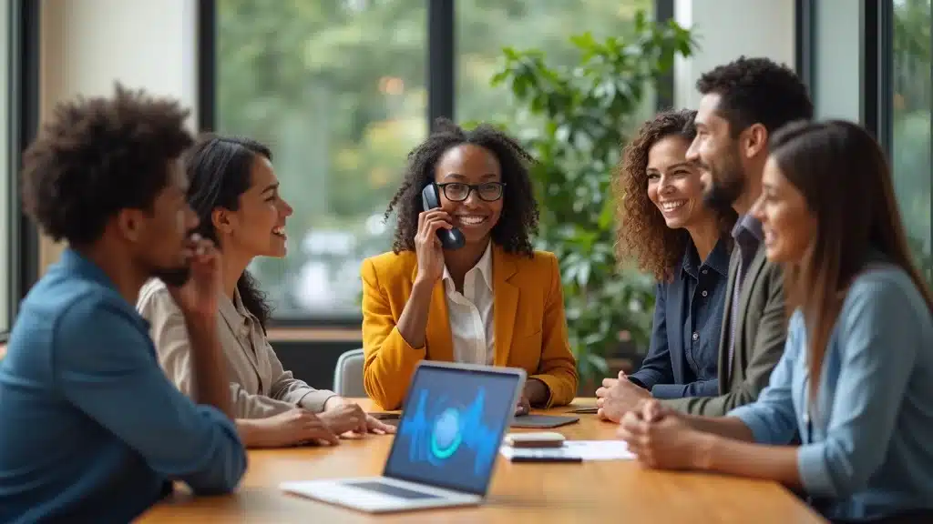Small business team gathered around a speakerphone, interacting with a digital voice AI agent in a bright team space