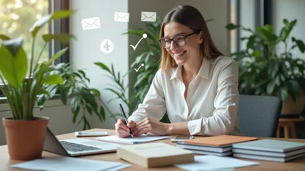 Workspace with AI assistant automating digital document management, happy business owner, photorealistic, green plants and smart devices