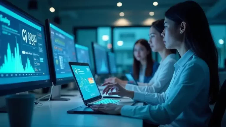Three women sit at desks in a modern office, focused on laptops and large monitors displaying digital graphs, data analytics, and financial statistics in a dimly lit, tech-driven workspace.