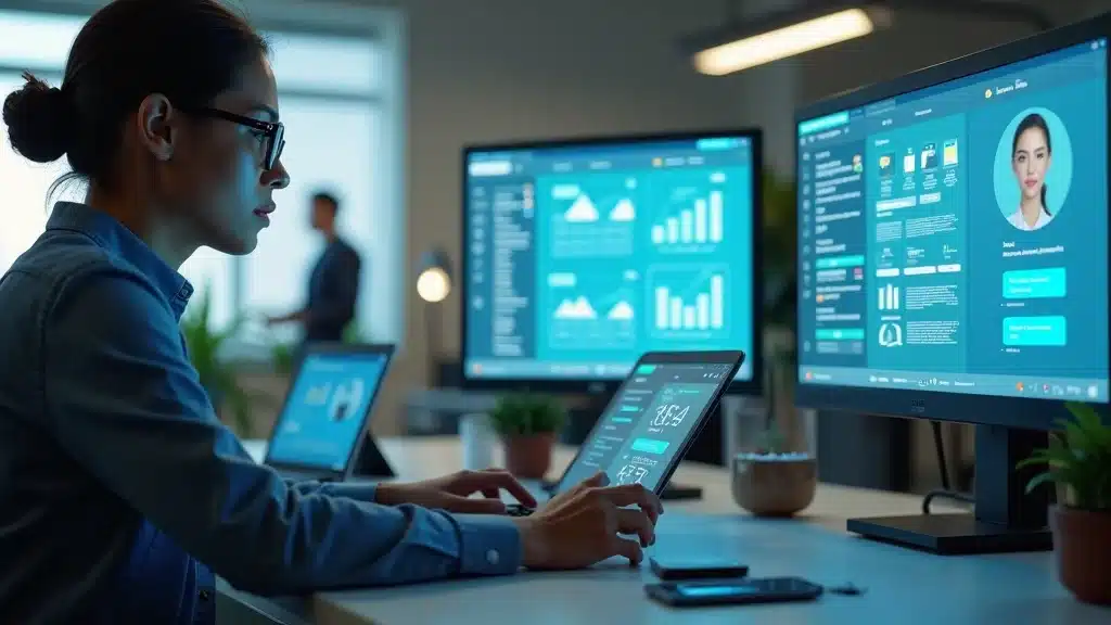 Business owner researching AI virtual assistants, feature comparison charts, photorealistic modern office, multiple screens