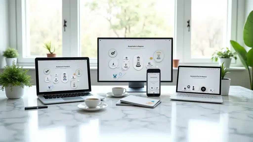 array of AI tool icons for small business platforms on tech devices