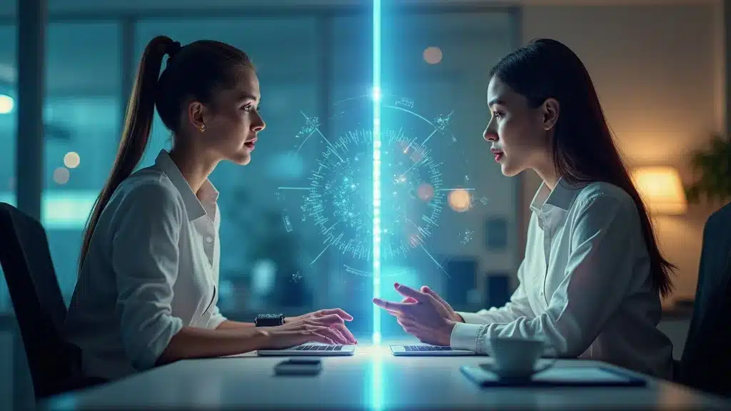 Split-view image showing a digital AI assistant and a human personal assistant, contrasting virtual and traditional office settings with modern detail