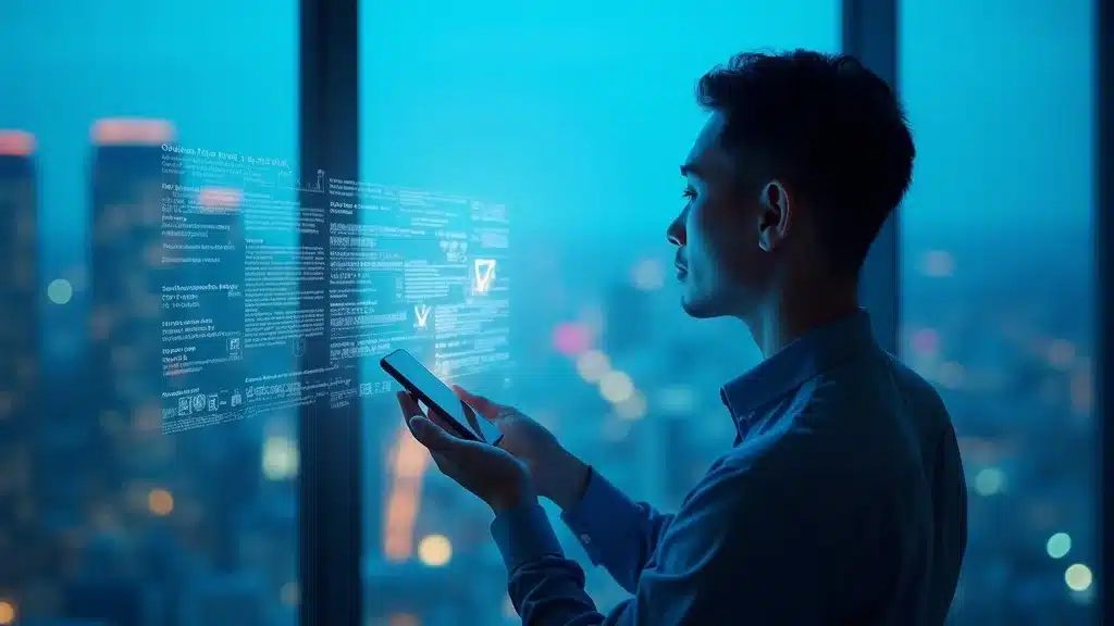 Portrait of a tech expert imagining the future of voice ai agents with floating speech-to-text digital overlays and a futuristic device