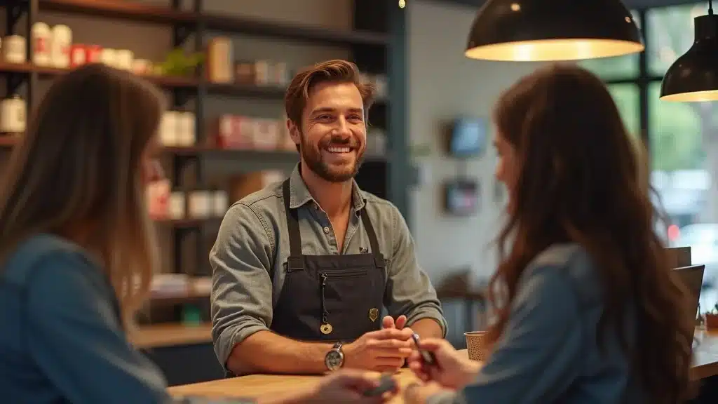 Retail owner with satisfied smile using voice ai agent on a phone at the shop counter, customers interacting happily