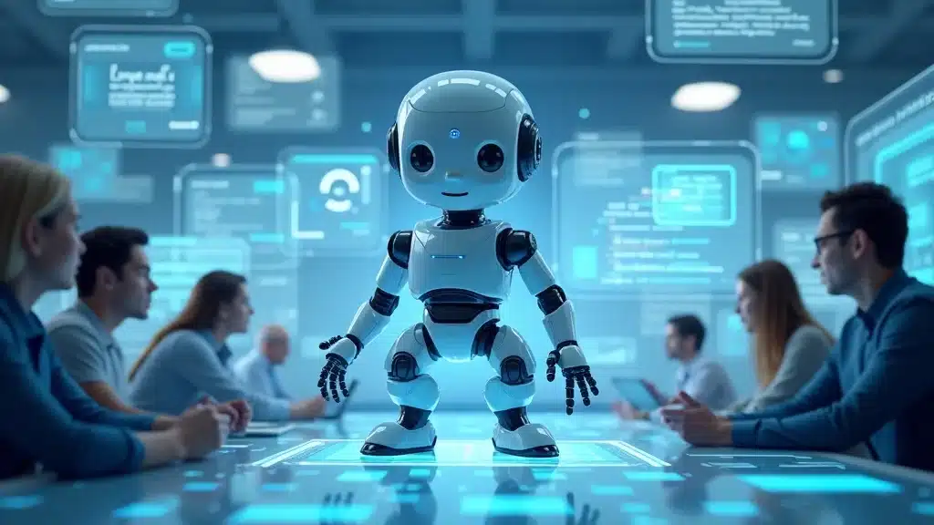 digital conversational AI agent engaging users with natural language in a tech workspace