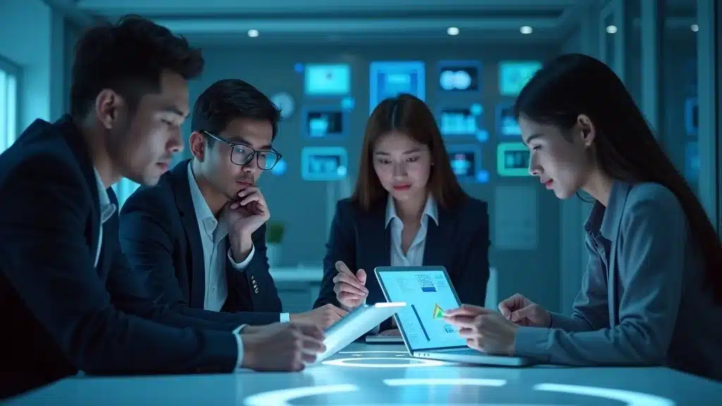 Business decision-makers reviewing integration plans for deploying voice ai agents using laptops with digital AI graphics in a modern conference room
