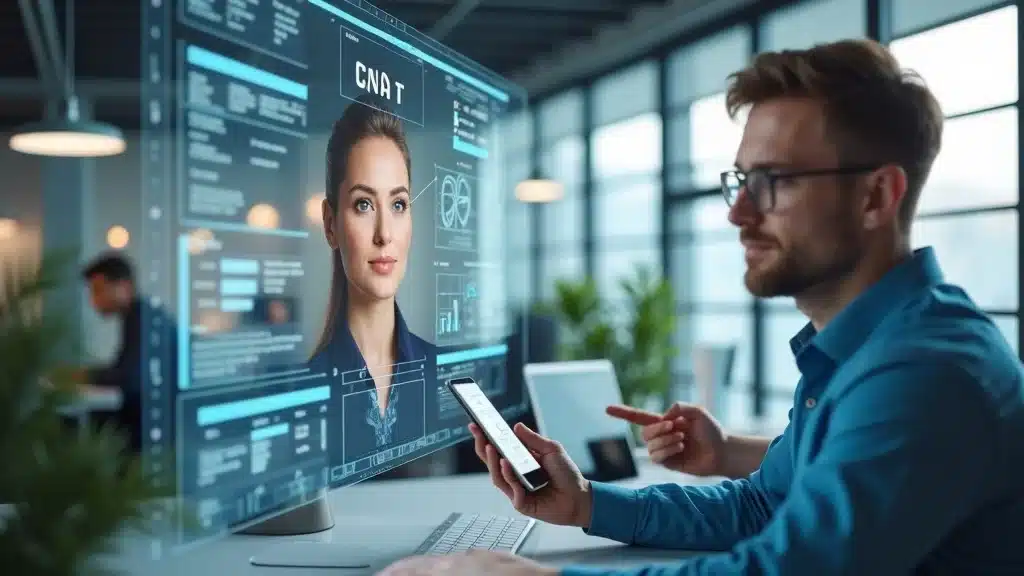 AI assistant multitasking in small business, virtual screens, digital devices, chat, calendar, analytics icons, photorealistic modern workspace