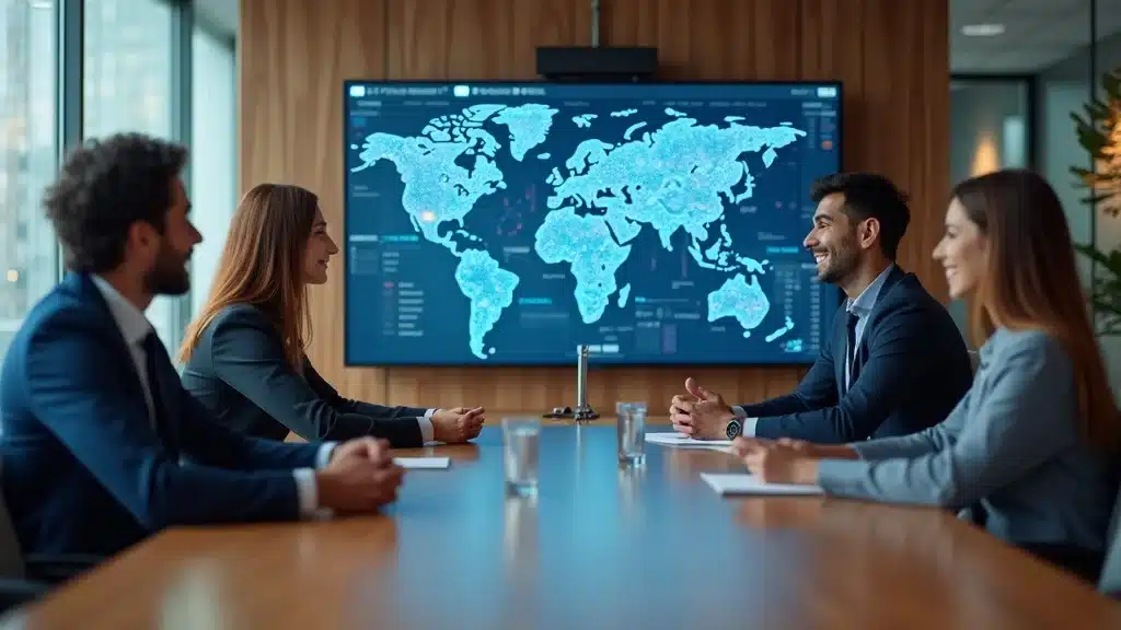 Small business team enthusiastically reviewing AI assistant-generated charts in a boardroom, animated data graphs, photorealistic detail