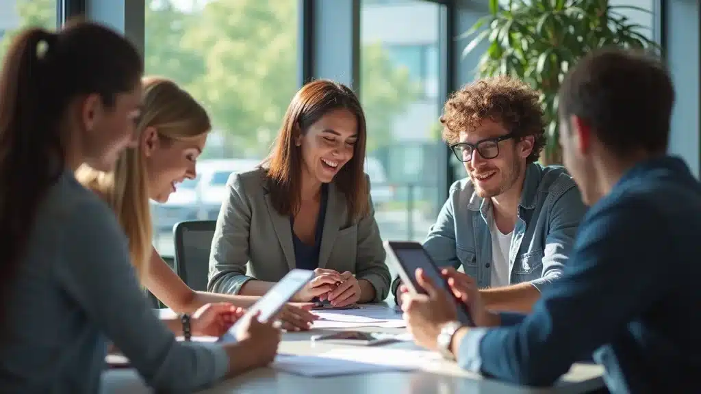 A group of five people sit around a table in a bright office, smiling and discussing documents and tablets, with greenery visible outside the window.