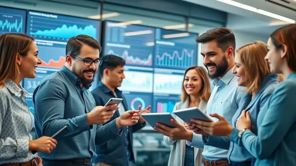 A group of young professionals smiling and interacting with smartphones and tablets in a modern office, with digital charts and graphs displayed on large screens in the background.