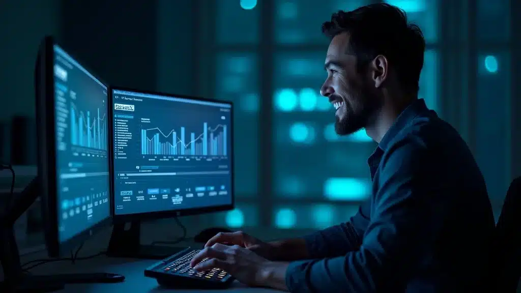 IT professional reviewing chatbot performance analytics dashboard, highlighting maintenance of voice-enabled chatbots for small businesses