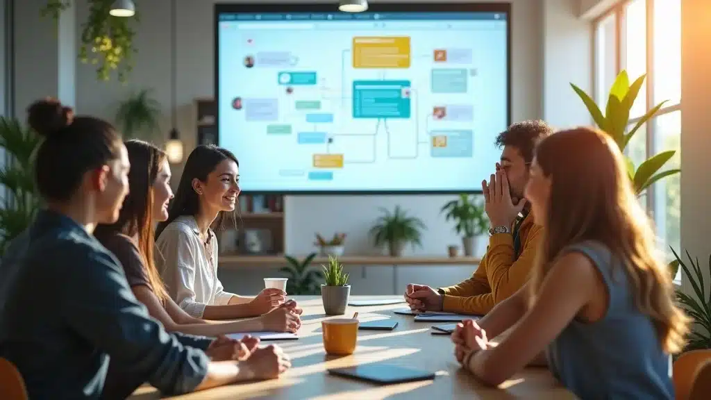 Startup team meeting strategizing with voice assistant workflow projection, symbolizing proactive voice bot adoption for business growth
