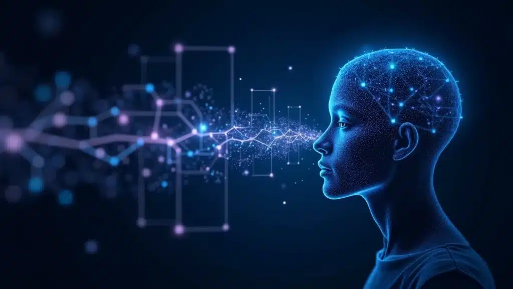 Abstract neural network visual with digital sound waves and speech bubbles signifying natural language understanding in ai voice chat