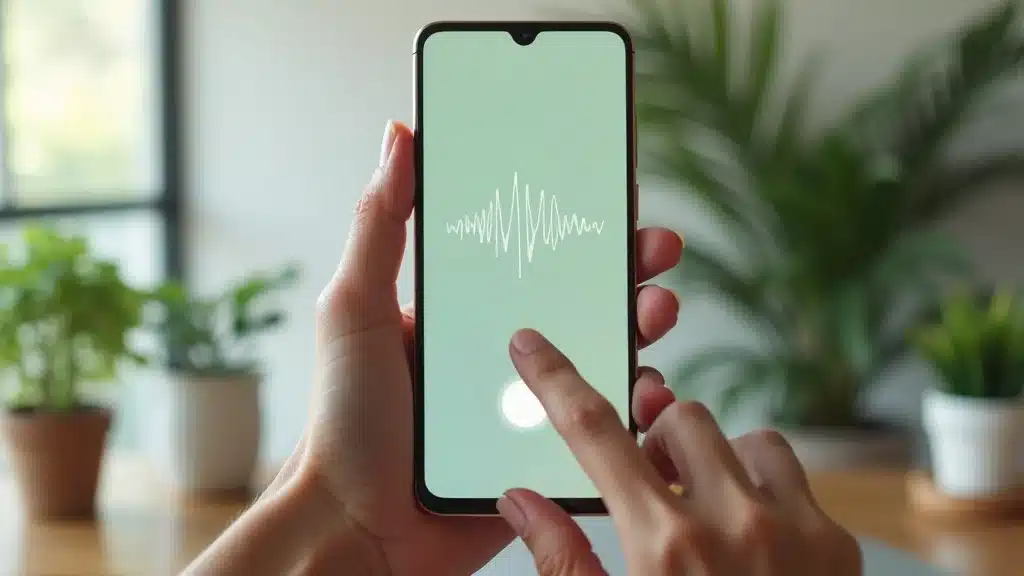 User speaking to a smartphone with voice-enabled chatbot interface, digital wave animation showing voice chat