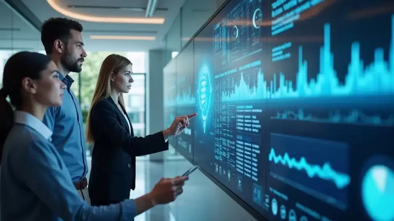 Three professionals standing in front of a large digital screen displaying data visualizations, graphs, and charts. One person points at the screen, while another holds a tablet, analyzing the information together.