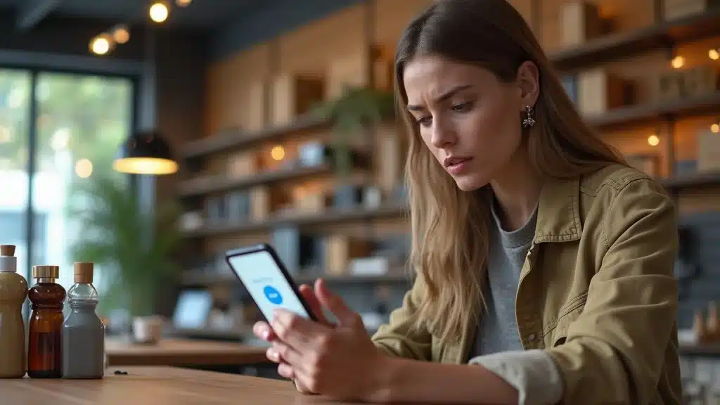 Business owner frustrated with malfunctioning voice chatbot app, indicative of speech recognition issues in voice-enabled chatbots