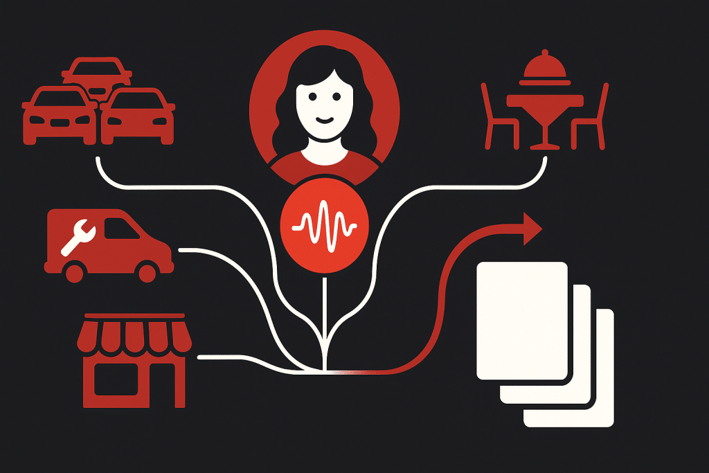 Central user avatar connected to multiple service icons (cars, repair van, dining, shop, and documents) via white lines, illustrating a personalized services hub.