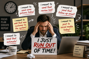 keir-photo-1786483195506 - Digital Red Zone - Digital Red Zone Overwhelmed business owner at a desk, surrounded by sticky notes about sending links and posts, with a large 'I JUST RUN OUT OF TIME!' sign in front of him